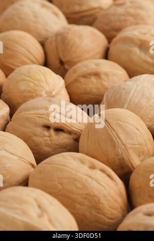 Walnuts background. Close up image of walnut shells Stock Photo