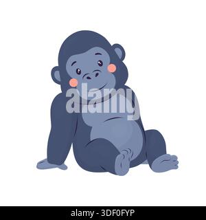 A cute cartoon gorilla sits and smiles. Illustration in a flat vector style with soft shapes. Suitable for zoos, safaris, birthdays, children's events Stock Vector