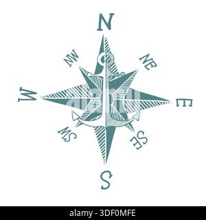 Grunge sketch hand-drawn wind rose vector. Ideal for navigation, maritime, and cartography themes. This graphic symbolizes direction and orientation Stock Vector