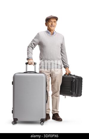 Senior man ready for travel packed in suitcases isolated on white background Stock Photo