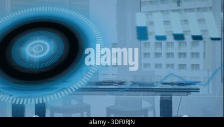 Projecting blue hologram with concentric rings left at cafe table, showing cup, glasses, copy space Stock Photo