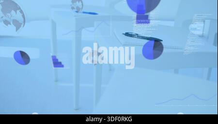 Displaying white table holding dark pen with floating pie charts and code snippets in studio Stock Photo
