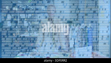 Displaying repeating binary code matrix covering frame, with blurred teal shapes and light bands Stock Photo