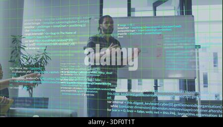 Presenting man in plaid-jacket gesturing toward team in meeting with code on glass and green grid Stock Photo