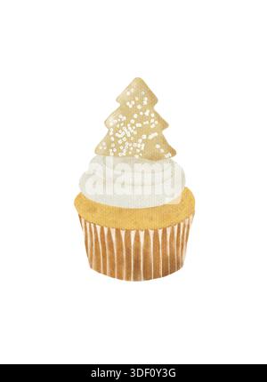 Digital watercolor illustration of a vanilla cupcake topped with a Christmas tree-shaped cookie. Perfect for holiday, bakery, festive Stock Photo