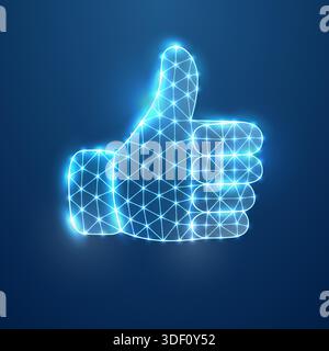 Futuristic thumbs up hand gesture in glowing polygonal. Blue digital wireframe mesh with neon lights on dark tech background Stock Vector