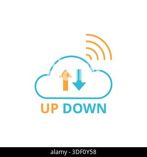 Outline cloud icon with orange upload and blue download arrows, representing data transfer and synchronization Stock Vector