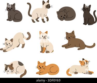 Set of cute cats in different poses and colors. Flat vector illustration of kittens sitting, sleeping, stretching and playing for pet and animal Stock Vector