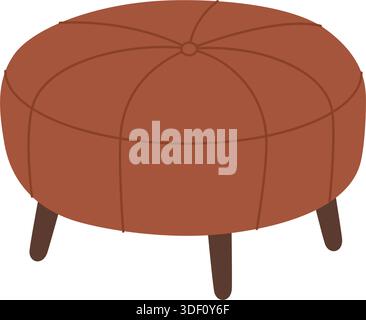 Round upholstered ottoman with wooden legs. Flat vector pouf furniture illustration Stock Vector