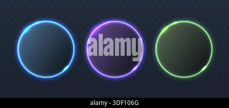 illustration. Neon glowing circle frames. Isolated on transparent background. Stock Vector