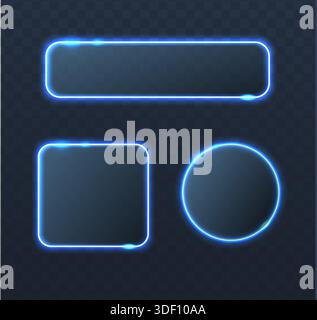 illustration. Neon glowing rectangular, circle and square shape frame. Isolated on transparent background. Stock Vector
