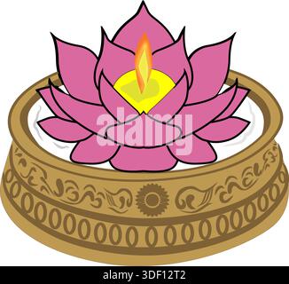 Vector illustration of a blooming pink lotus flower with a candle flame in the center Stock Vector