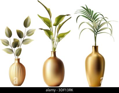 realistic vector icon illustration. Set of plants in golden vases in different shape. Stock Vector