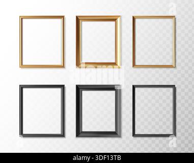 realistic vector icon illustration. Picture frames in gold and black color, wide and slim. Isolated on transparent background. Stock Vector