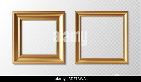 realistic vector icon illustration. Set of golden picture frames in square shape. Isolated on transparent background. Stock Vector