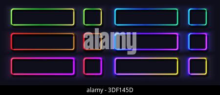 Set of glowing neon rectangular frame buttons in blue, viole, pink, rounded neon border shape. Futuristic sci-fi graphic element. Stock Vector