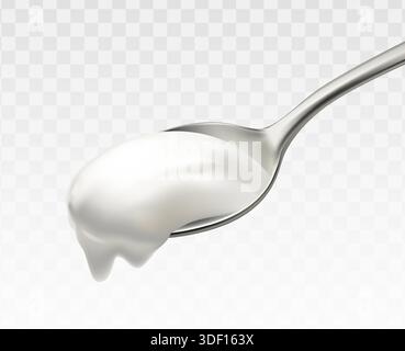realistic vector icon illustration. Spoon full of creamy yoghurt or sour cream. Stock Vector