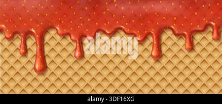 realistic vector icon illustration. Liquid strawberry jam on waffle texture. Stock Vector