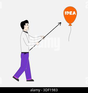 A man is holding a balloon and a stick, and the balloon is floating up. The image is titled "Idea" and is meant to represent the concept of an idea be Stock Vector