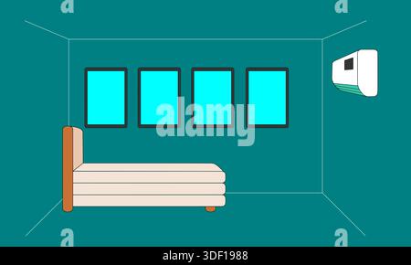 A bedroom with a bed, a window, and a white air conditioner. The room is empty and the air conditioner is turned off Stock Vector
