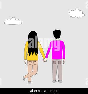 A man and a woman are holding hands. The man is wearing a pink shirt. The woman has long hair Stock Vector