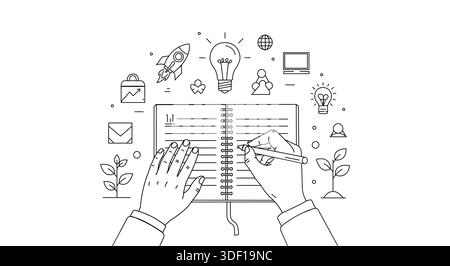 High-quality line vector art illustration depicting the process of planning and generating new ideas for a startup or business project. Stock Vector