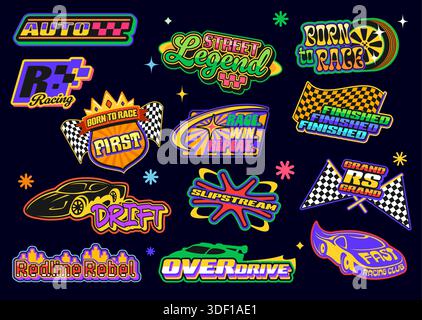 Race sport retro y2k icons of car wheels and flags Stock Vector Image ...