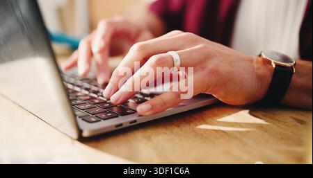 Hands, person and typing on laptop at house for research, editing article and email editor. Journalist, remote work or pc for schedule update Stock Photo