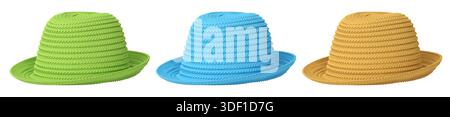Set of woven straw hats shown from different angles isolated on white background, showcasing summer fashion accessories. Stock Photo