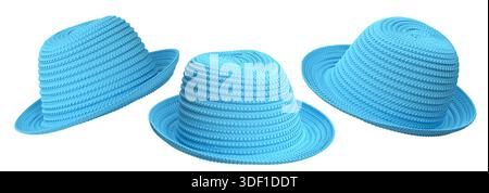 Set of woven straw hats shown from different angles isolated on white background, showcasing summer fashion accessories. Stock Photo