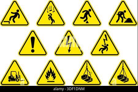 yellow triangle industrial work construction site warning sign symbol classic vector set of 11 on transparent background Stock Vector