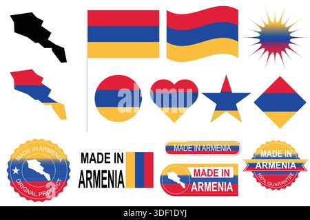 Armenia national symbols flags map and made in Armenia badges vector. Suitable for editorial, educational and commercial design projects. Stock Vector