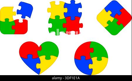 various simple shapeswith 4 colored puzzle pieces connected together logo set blue green yellow red vector on transparent background Stock Vector
