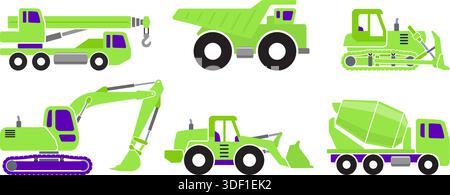simple green construction vehicle silhouette simplified side view vector set on transparent background Stock Vector
