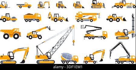 simple large yellow construction vehicle symbol simplified side view vector set on transparent background Stock Vector