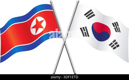 north and south korea korean flags in relationship versus alliance crossed flagpoles vector isolated on transparent background Stock Vector