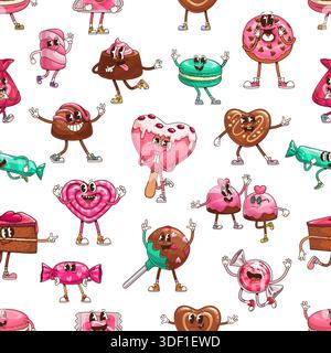 Retro groovy candy and sweets seamless pattern. Chocolate pralines, heart shaped lollipop, donuts, cake slices, cupcakes and toffees anthropomorphic personages. Cartoon vector pastry characters tile Stock Vector