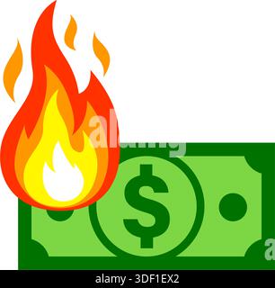 simple single burning green bank currency cash money dollar bill icon vector on transparent background Stock Vector