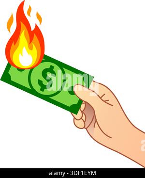 simple hand holding single burning green bank currency cash money dollar bill icon vector on transparent background Stock Vector