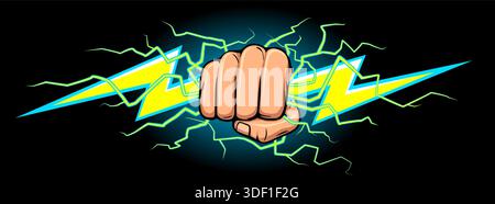zeus hand fist front view holding yellow lightning bolt rod illustration vector isolated on black background Stock Vector