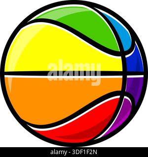 cartoon colorful rainbow stylized basketball with black stripes simple illustration vector isolated on transparent background Stock Vector