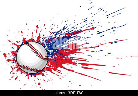 baseball with grungy red blue ink paint side splatter vector isolated on transparent background Stock Vector