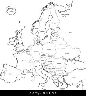 Accurate correct detailed europe european continent map line states countries political with names vector isolated on transparent background Stock Vector