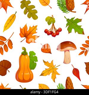 Autumn fall leaves, mushrooms, berry and acorn harvest seamless pattern. Vector cozy seasonal harvest tile background with cartoon bright fall forest foliage, mushrooms, pumpkin, berries and pinecones Stock Vector