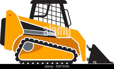compact tracked skid steer loader earthmover digger construction vehicle symbol yellow side view simplified vector isolated on transparent background Stock Vector