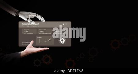 Automation concept. Robot and human hand with automate dashboard and performance metrics. AI integration, increased efficiency, cost reduction, digita Stock Photo