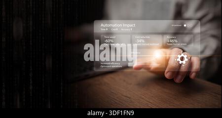 Automation impact concept. A man hand works on digital automate dashboard showing improved efficiency, reduced cost, higher accuracy. Enterprise AI tr Stock Photo