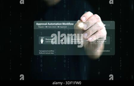 A man with a stylus tapping on digital interface showing automated approval workflow system with binary code background. Smart automation business pro Stock Photo