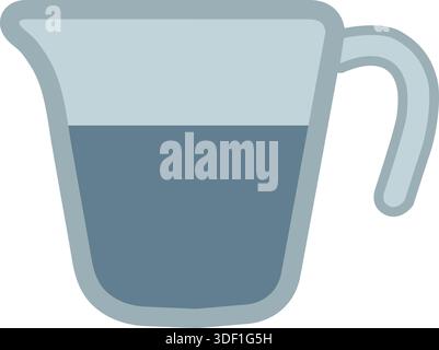 A transparent measuring cup with handle and pour spout half filled with liquid. Stock Vector