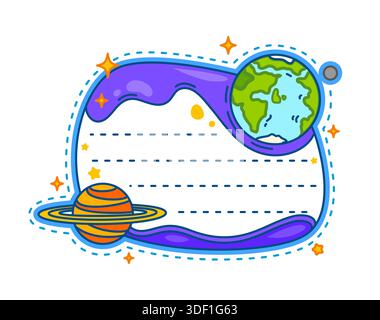 Sky clouds and space Earth planet kids memo note template. Blue sky scrapbook memo note, universe schedule vector sticker. Cosmos kids diary label or frame with cartoon Saturn and Earth planet, stars Stock Vector